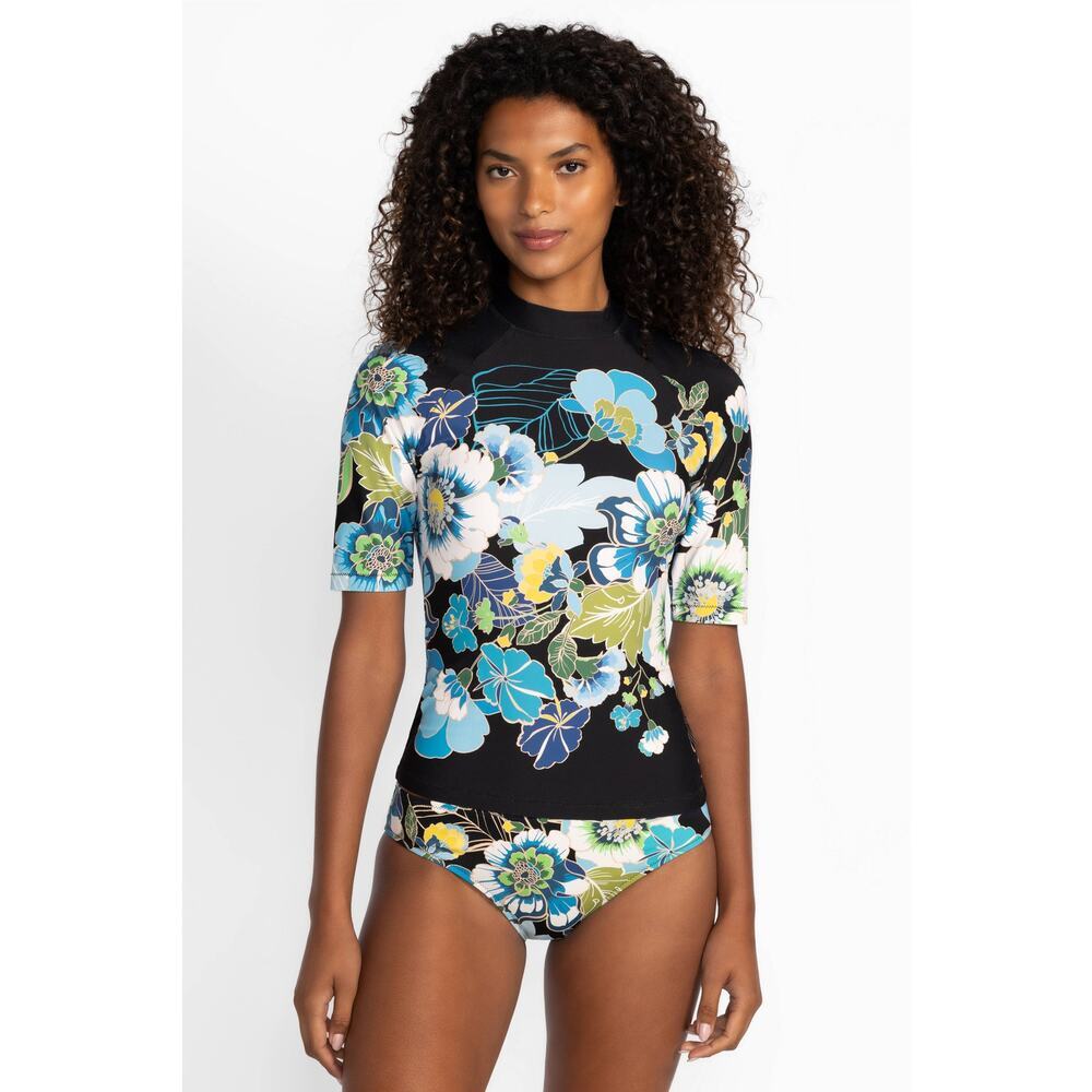 Johnny Was Women's Jenn Elbow Sleeve Surf Shirt Stretch Black/Blue Size M NWT